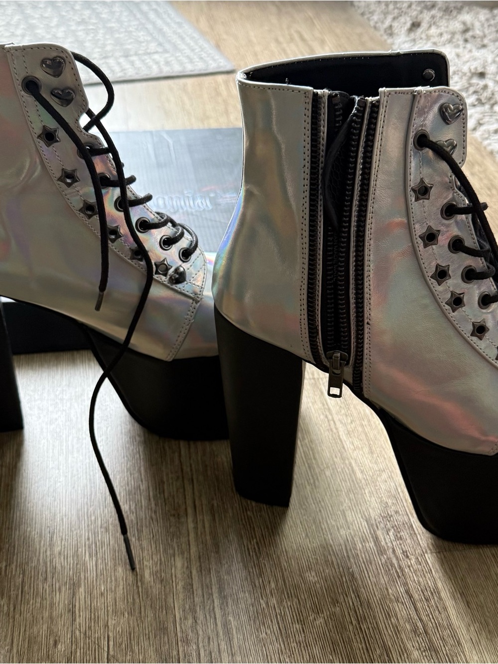 Demonia Holographic Platform Lace-Up Ankle Boots - Silver - Picture 2 of 4